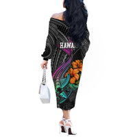 Hawaii Polynesian Off The Shoulder Long Sleeve Dress with Tribal Hammerhead Sharks and Hibiscus Black TS04 - Polynesian Pride