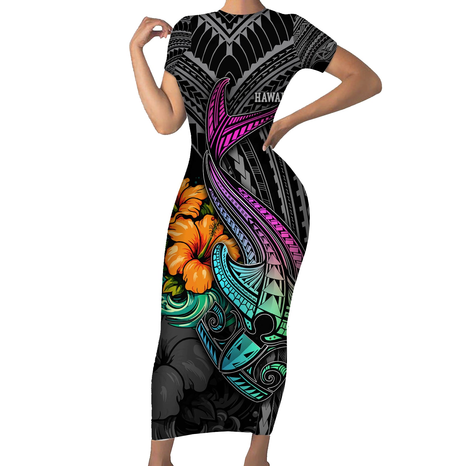 Hawaii Polynesian Short Sleeve Bodycon Dress with Tribal Hammerhead Sharks and Hibiscus Black TS04 Long Dress Black - Polynesian Pride
