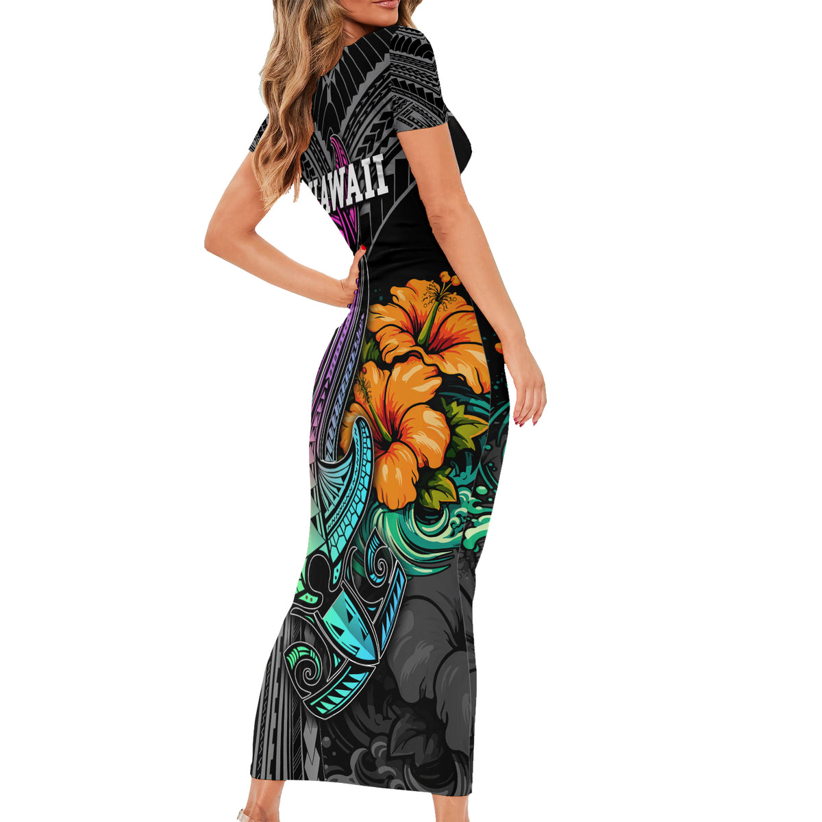 Hawaii Polynesian Short Sleeve Bodycon Dress with Tribal Hammerhead Sharks and Hibiscus Black TS04 - Polynesian Pride
