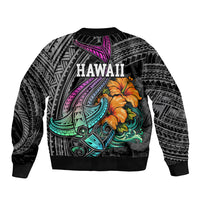 Hawaii Polynesian Sleeve Zip Bomber Jacket with Tribal Hammerhead Sharks and Hibiscus Black TS04 - Polynesian Pride