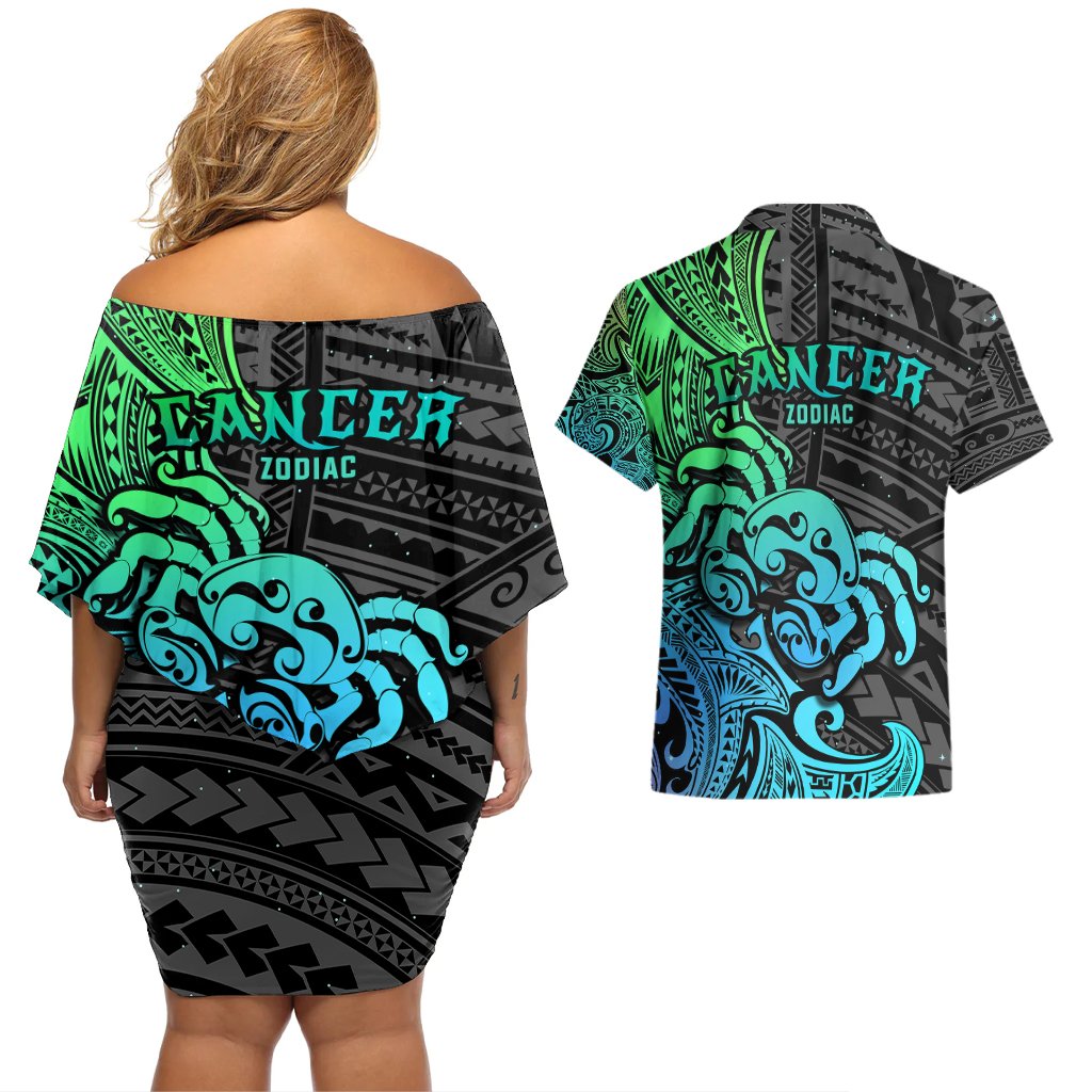 Zodiac Cancer Couples Matching Off Shoulder Short Dress and Hawaiian Shirt Polynesian in Gradient Blue TS04 - Polynesian Pride