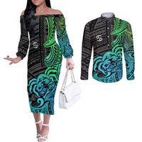 Zodiac Cancer Couples Matching Off The Shoulder Long Sleeve Dress and Long Sleeve Button Shirts Polynesian in Gradient Blue TS04 Gradient Blue - Polynesian Pride