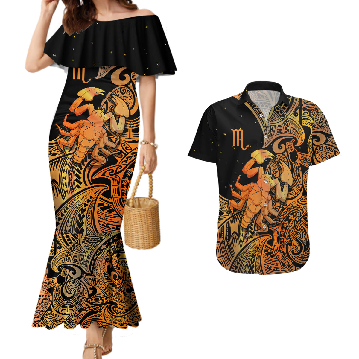 Zodiac Scorpio Couples Matching Mermaid Dress and Hawaiian Shirt Polynesian in Orange TS04 Orange - Polynesian Pride