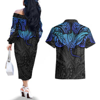 Polynesian Ray Pattern Couples Matching Off The Shoulder Long Sleeve Dress and Hawaiian Shirt TS04 - Polynesian Pride