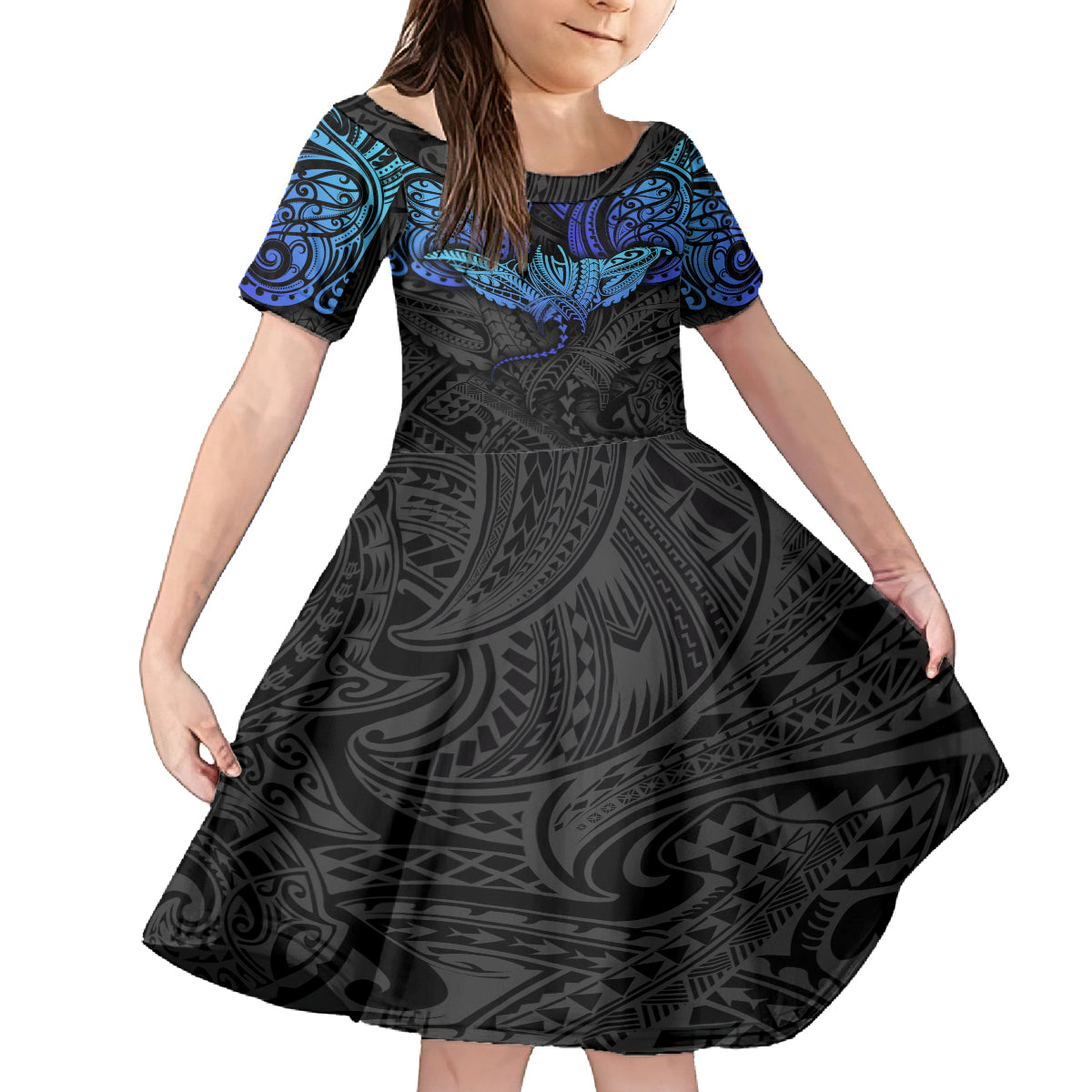 Polynesian Ray Pattern Family Matching Off Shoulder Long Sleeve Dress and Hawaiian Shirt TS04 Daughter's Dress Black/Blue - Polynesian Pride
