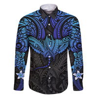 Polynesian Ray Pattern Family Matching Off Shoulder Long Sleeve Dress and Hawaiian Shirt TS04 Dad's Shirt - Long Sleeve Black/Blue - Polynesian Pride