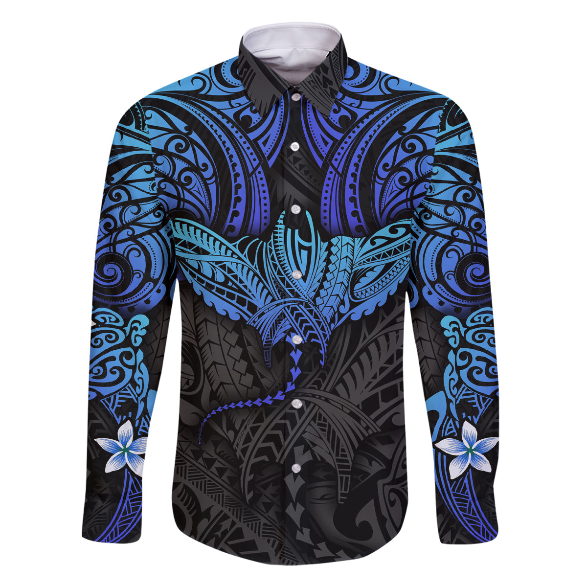 Polynesian Ray Pattern Family Matching Off Shoulder Short Dress and Hawaiian Shirt TS04 Dad's Shirt - Long Sleeve Black/Blue - Polynesian Pride