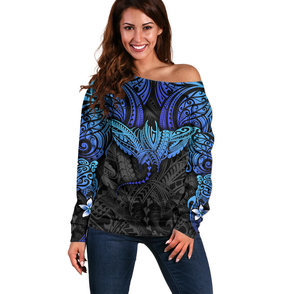 Polynesian Ray Pattern Off Shoulder Sweater TS04 Women Black/Blue - Polynesian Pride