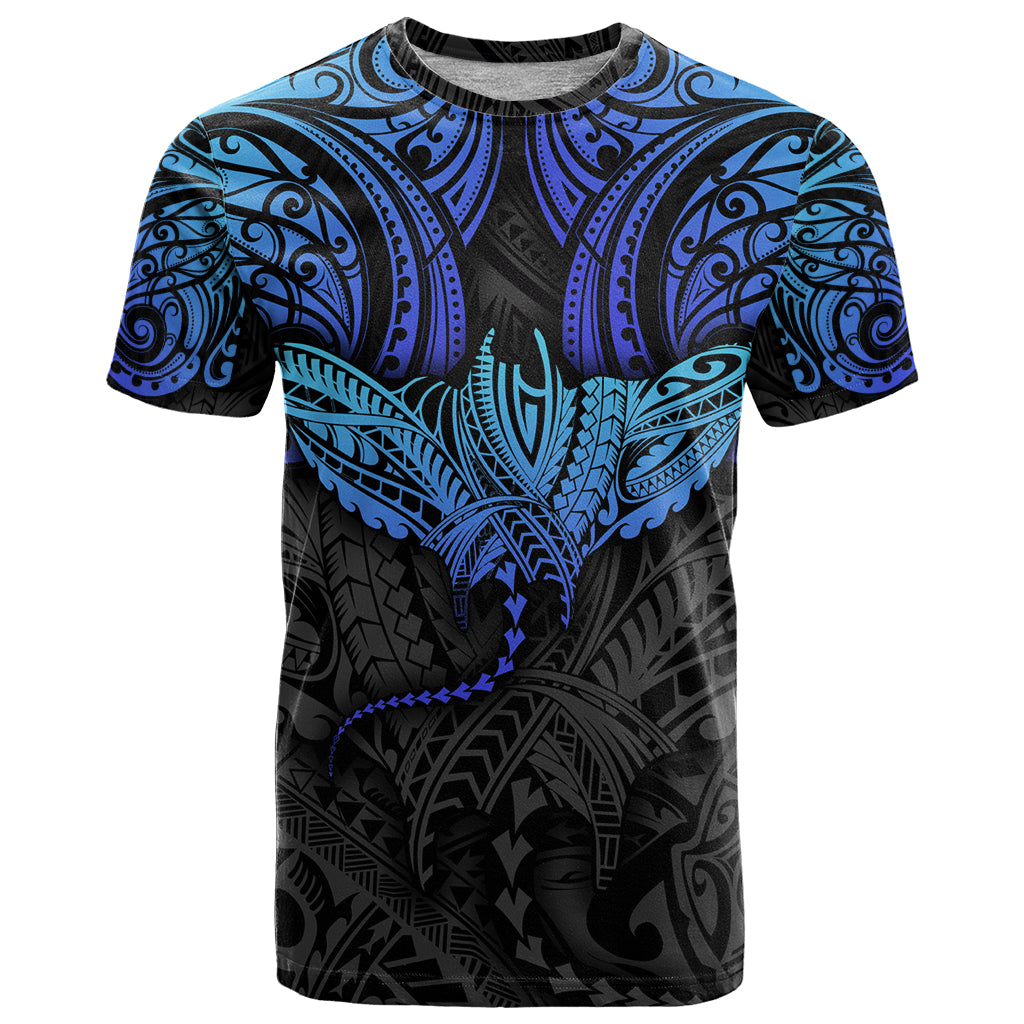 Polynesian Ray Pattern T Shirt TS04 Black Blue - Polynesian Pride