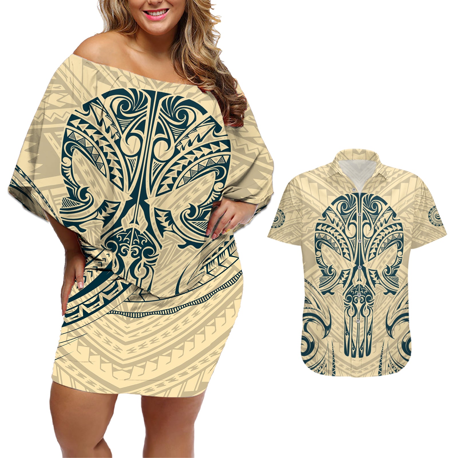 Polynesian Couples Matching Off Shoulder Short Dress and Hawaiian Shirt Warrior Skull with Tribal Patterns Tattoo Design TS04 Yellow - Polynesian Pride