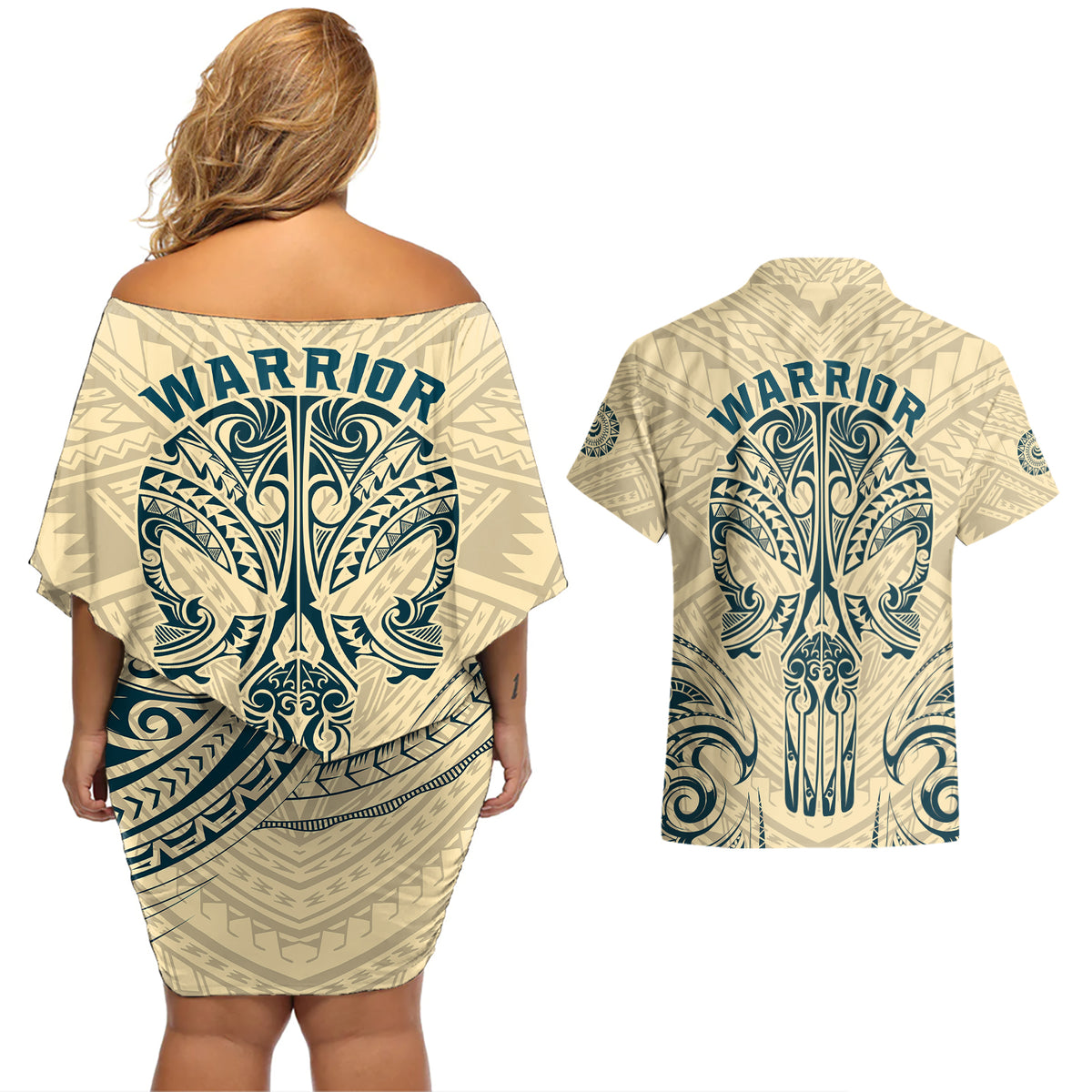 Polynesian Couples Matching Off Shoulder Short Dress and Hawaiian Shirt Warrior Skull with Tribal Patterns Tattoo Design TS04 - Polynesian Pride