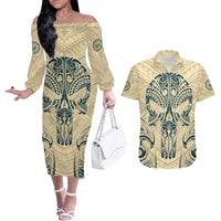 Polynesian Couples Matching Off The Shoulder Long Sleeve Dress and Hawaiian Shirt Warrior Skull with Tribal Patterns Tattoo Design TS04 Yellow - Polynesian Pride