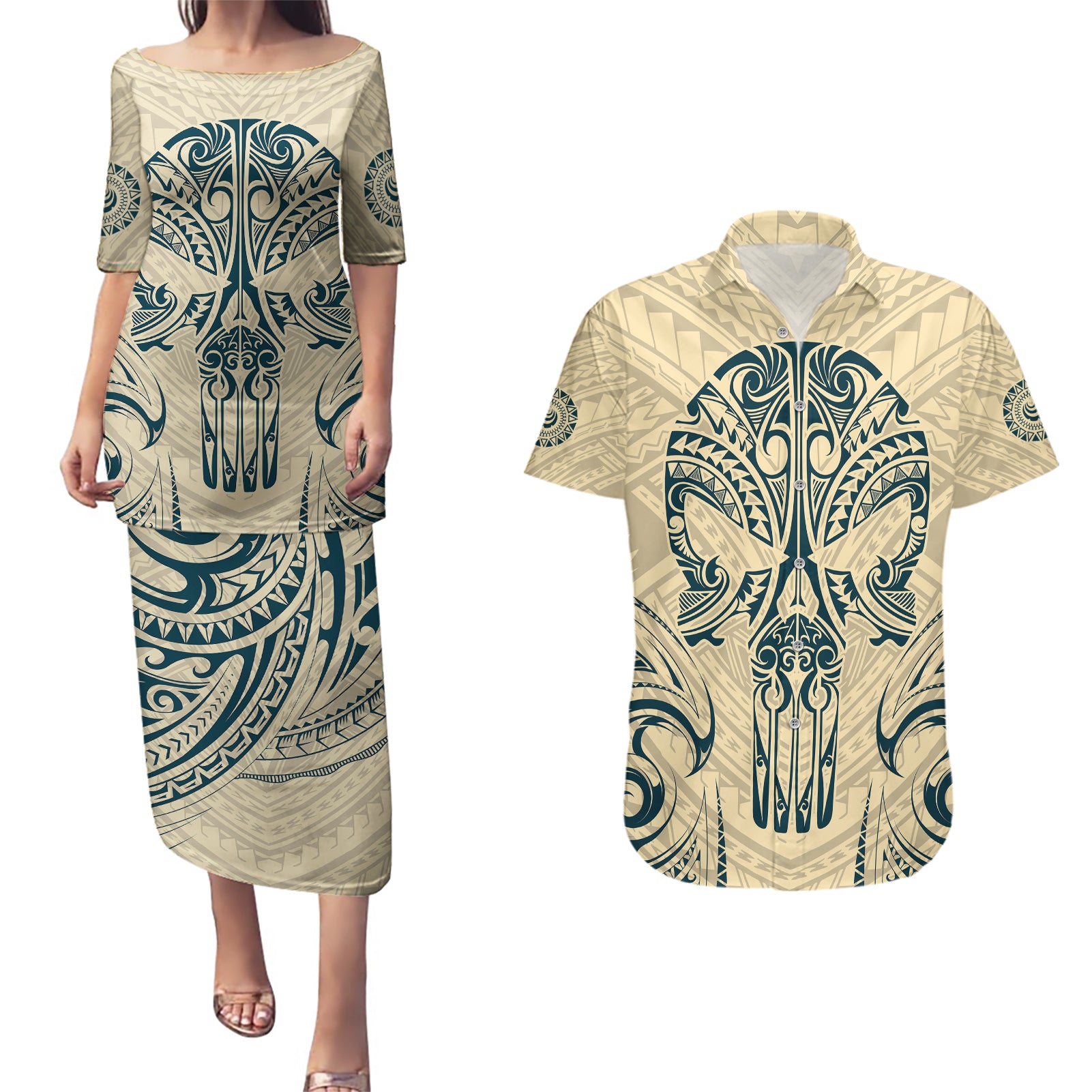 Polynesian Couples Matching Puletasi Dress and Hawaiian Shirt Warrior Skull with Tribal Patterns Tattoo Design TS04 Yellow - Polynesian Pride
