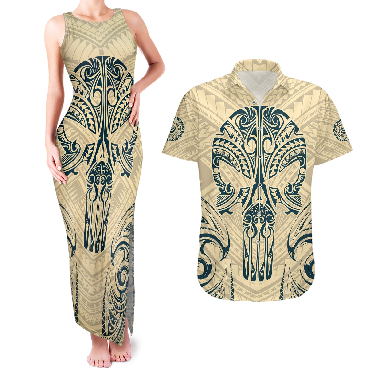 Polynesian Couples Matching Tank Maxi Dress and Hawaiian Shirt Warrior Skull with Tribal Patterns Tattoo Design TS04 Yellow - Polynesian Pride