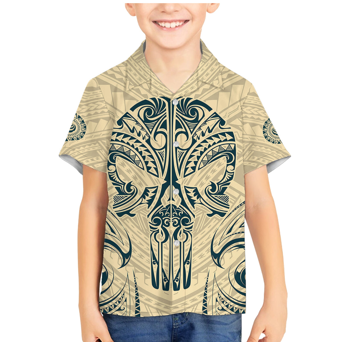 Polynesian Family Matching Mermaid Dress and Hawaiian Shirt Warrior Skull with Tribal Patterns Tattoo Design TS04 Son's Shirt Yellow - Polynesian Pride