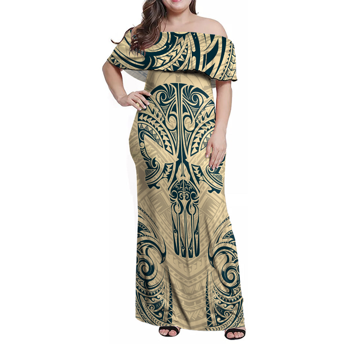 Polynesian Family Matching Off Shoulder Maxi Dress and Hawaiian Shirt Warrior Skull with Tribal Patterns Tattoo Design TS04 Mom's Dress Yellow - Polynesian Pride