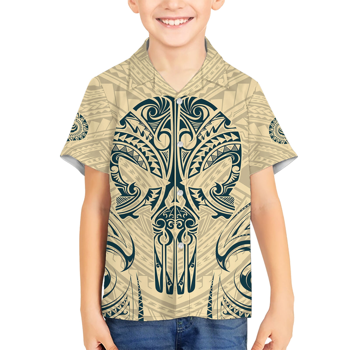 Polynesian Kid Hawaiian Shirt Warrior Skull with Tribal Patterns Tattoo Design TS04 Kid Yellow - Polynesian Pride