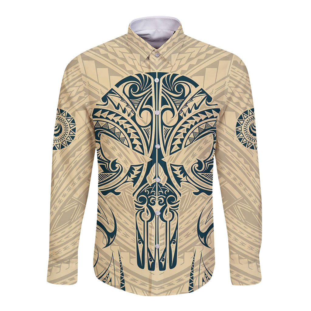 Polynesian Long Sleeve Button Shirt Warrior Skull with Tribal Patterns Tattoo Design TS04 Unisex Yellow - Polynesian Pride