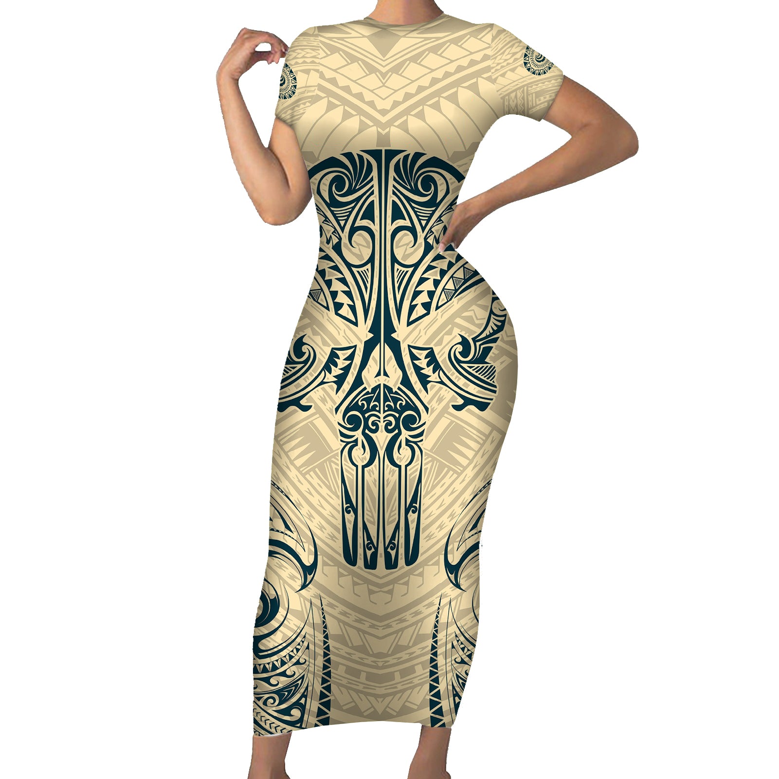 Polynesian Short Sleeve Bodycon Dress Warrior Skull with Tribal Patterns Tattoo Design TS04 Long Dress Yellow - Polynesian Pride