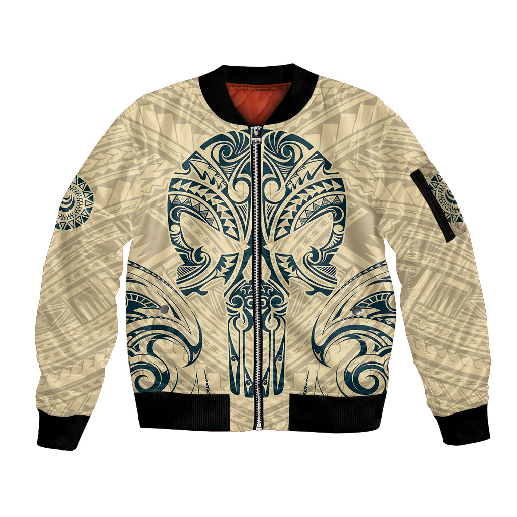 Polynesian Sleeve Zip Bomber Jacket Warrior Skull with Tribal Patterns Tattoo Design TS04 Unisex Yellow - Polynesian Pride