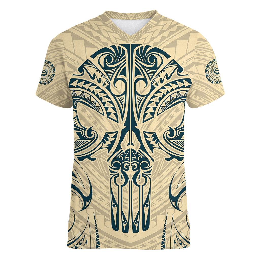 Polynesian Women V Neck T Shirt Warrior Skull with Tribal Patterns Tattoo Design TS04 Female Yellow - Polynesian Pride