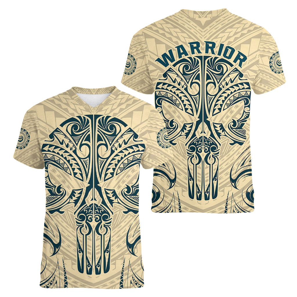 Polynesian Women V Neck T Shirt Warrior Skull with Tribal Patterns Tattoo Design TS04 - Polynesian Pride