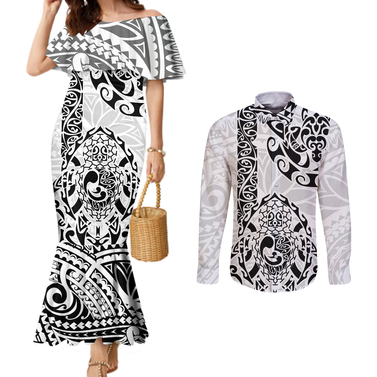 Hawaii Couples Matching Mermaid Dress and Long Sleeve Button Shirts with Polynesian Turtle TS04 Black/White - Polynesian Pride