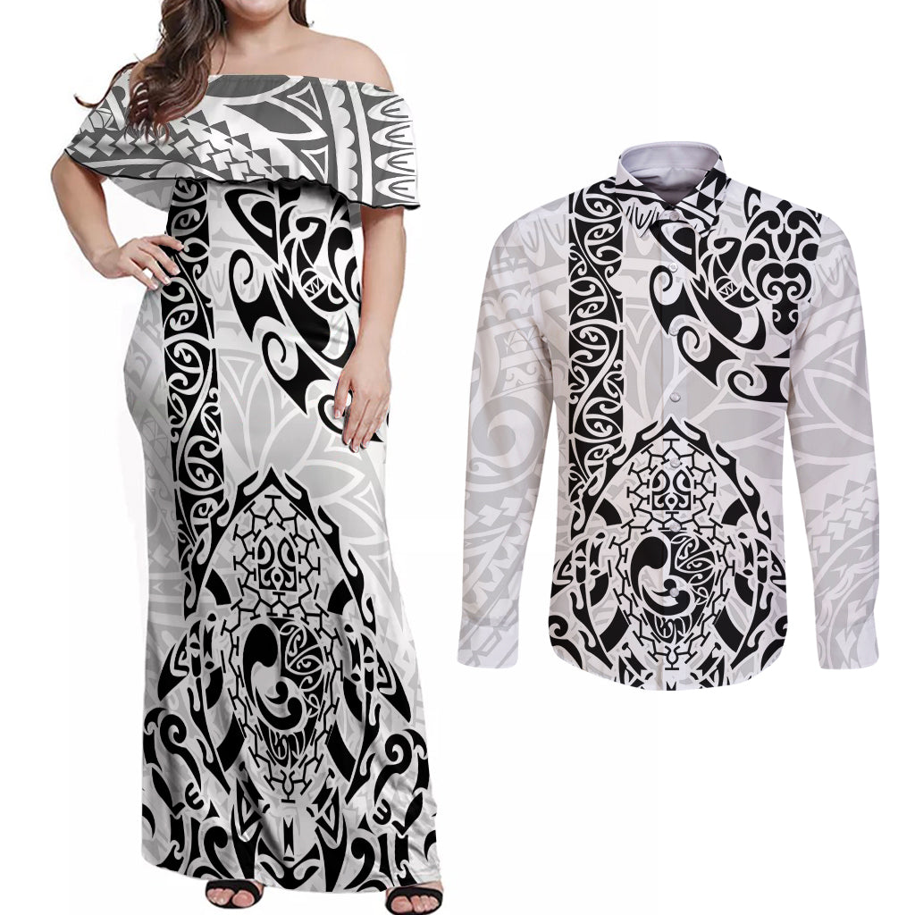 Hawaii Couples Matching Off Shoulder Maxi Dress and Long Sleeve Button Shirts with Polynesian Turtle TS04 Black/White - Polynesian Pride