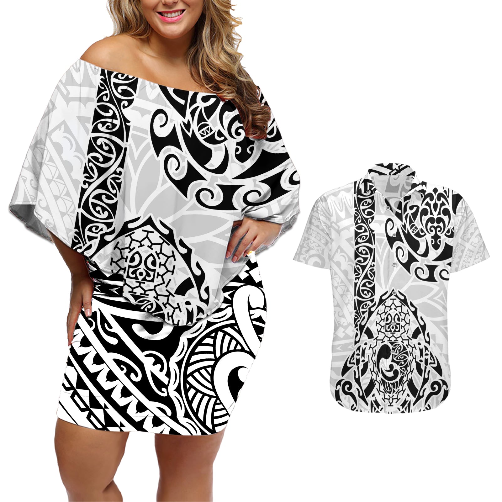 Hawaii Couples Matching Off Shoulder Short Dress and Hawaiian Shirt with Polynesian Turtle TS04 Black/White - Polynesian Pride