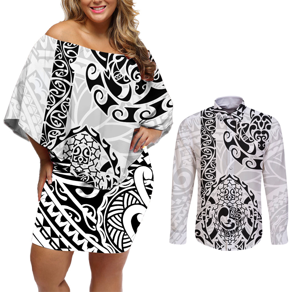 Hawaii Couples Matching Off Shoulder Short Dress and Long Sleeve Button Shirts with Polynesian Turtle TS04 Black/White - Polynesian Pride