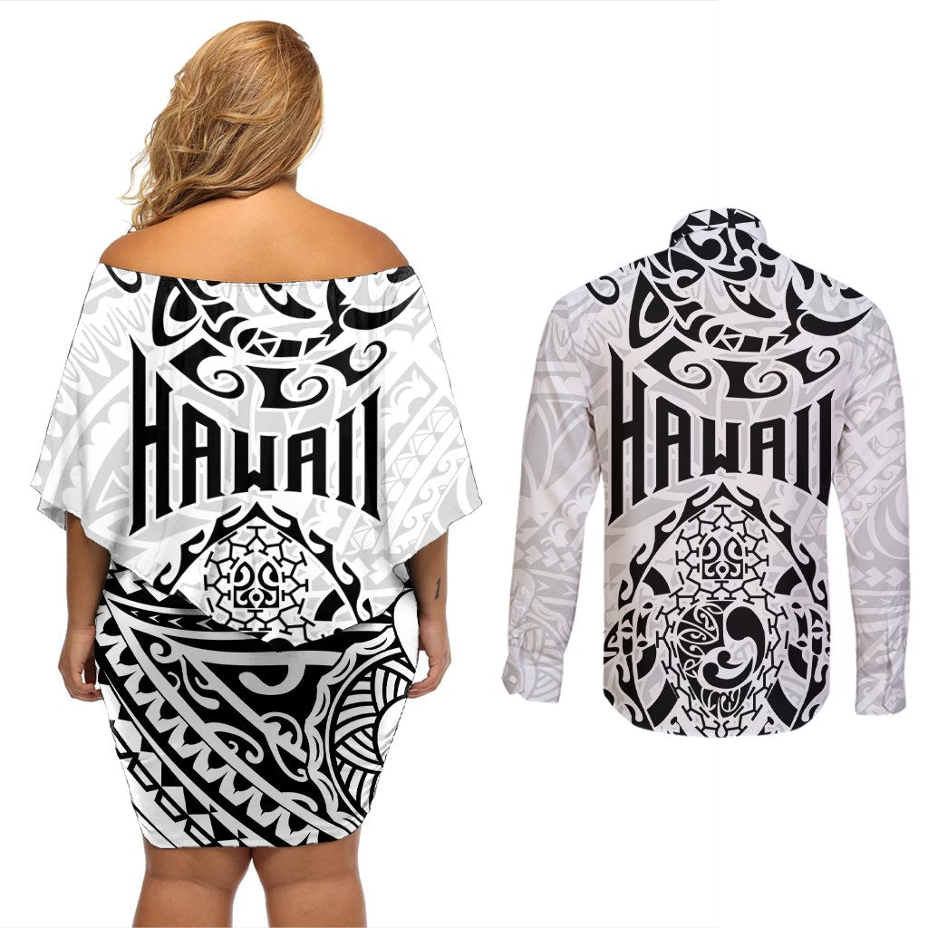Hawaii Couples Matching Off Shoulder Short Dress and Long Sleeve Button Shirts with Polynesian Turtle TS04 - Polynesian Pride