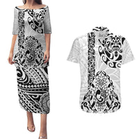 Hawaii Couples Matching Puletasi Dress and Hawaiian Shirt with Polynesian Turtle TS04 Black White - Polynesian Pride