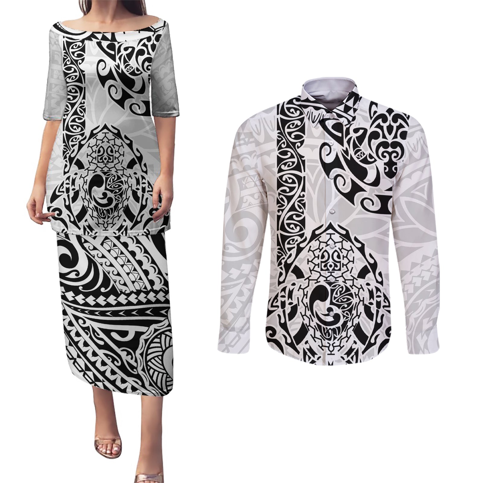 Hawaii Couples Matching Puletasi Dress and Long Sleeve Button Shirts with Polynesian Turtle TS04 Black/White - Polynesian Pride
