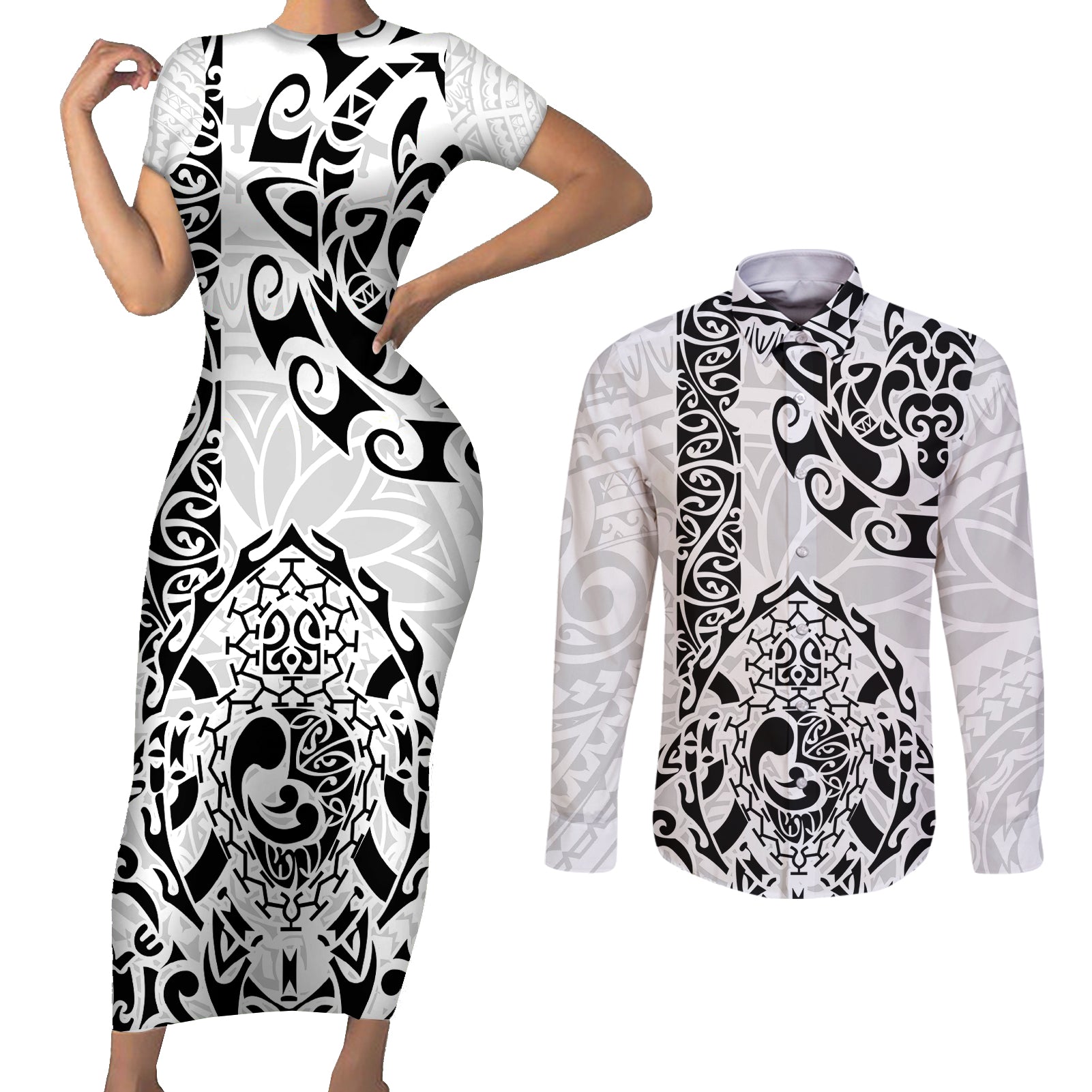 Hawaii Couples Matching Short Sleeve Bodycon Dress and Long Sleeve Button Shirts with Polynesian Turtle TS04 Black/White - Polynesian Pride