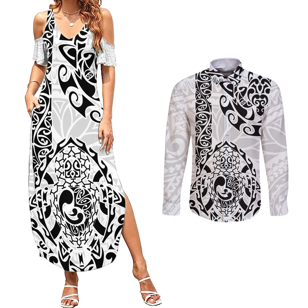 Hawaii Couples Matching Summer Maxi Dress and Long Sleeve Button Shirts with Polynesian Turtle TS04 Black/White - Polynesian Pride