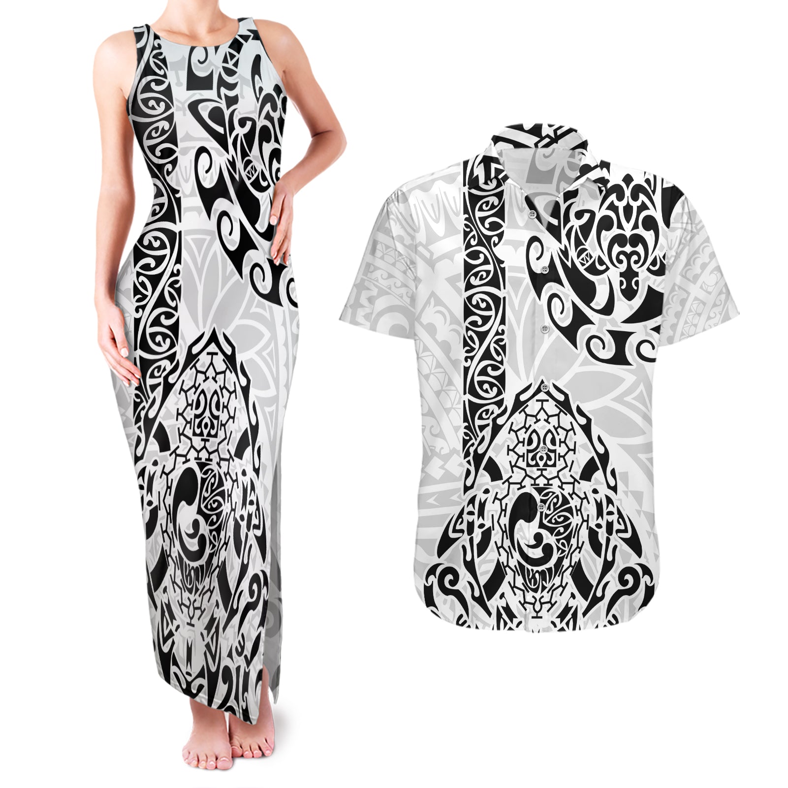 Hawaii Couples Matching Tank Maxi Dress and Hawaiian Shirt with Polynesian Turtle TS04 Black/White - Polynesian Pride