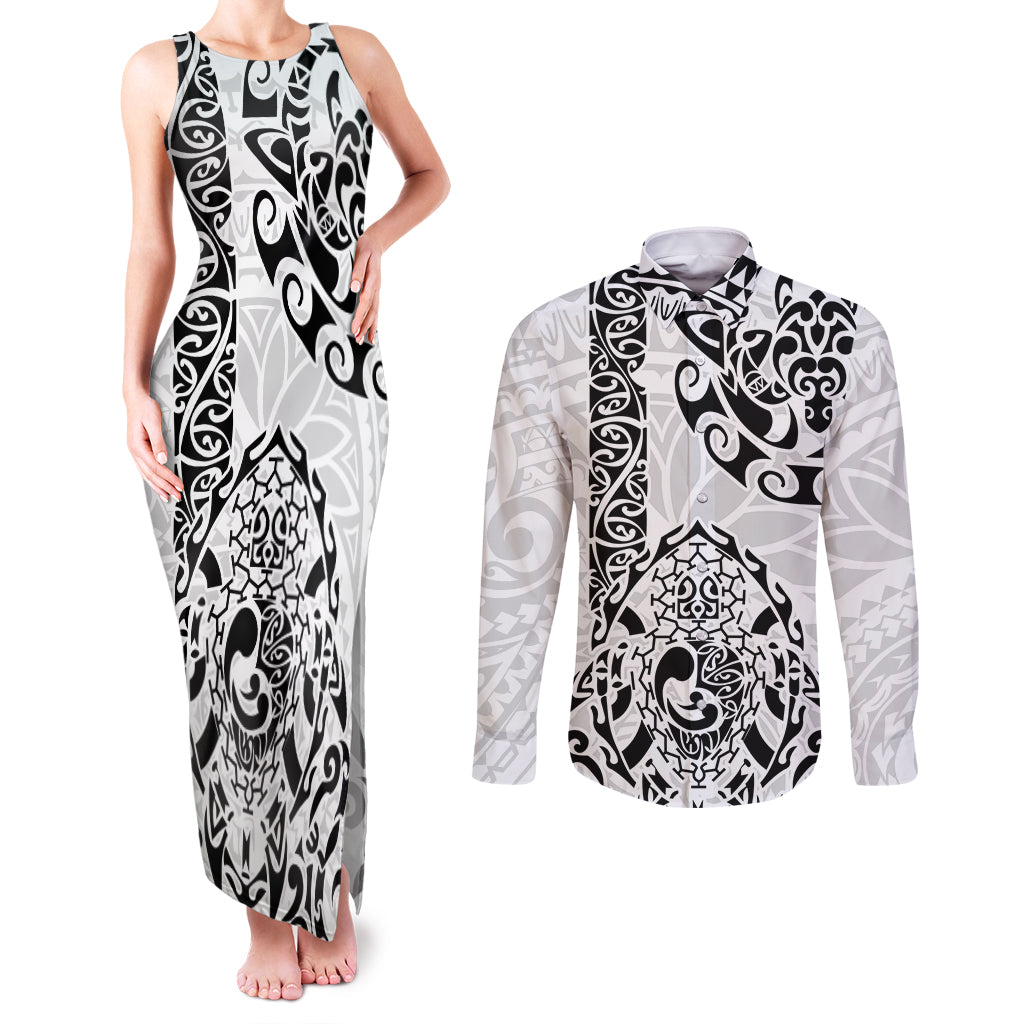 Hawaii Couples Matching Tank Maxi Dress and Long Sleeve Button Shirts with Polynesian Turtle TS04 Black/White - Polynesian Pride