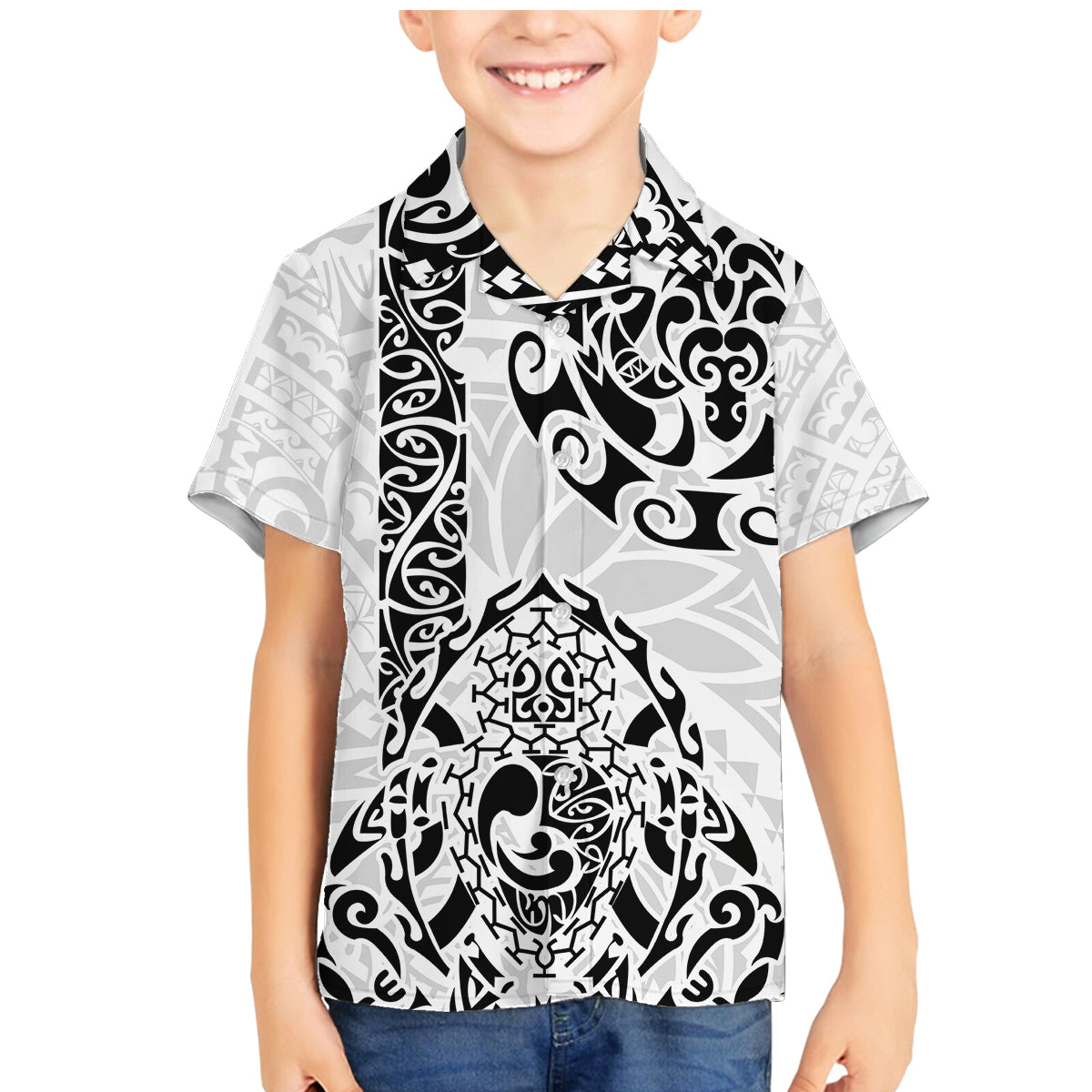 Hawaii Family Matching Mermaid Dress and Hawaiian Shirt with Polynesian Turtle TS04 Son's Shirt Black White - Polynesian Pride