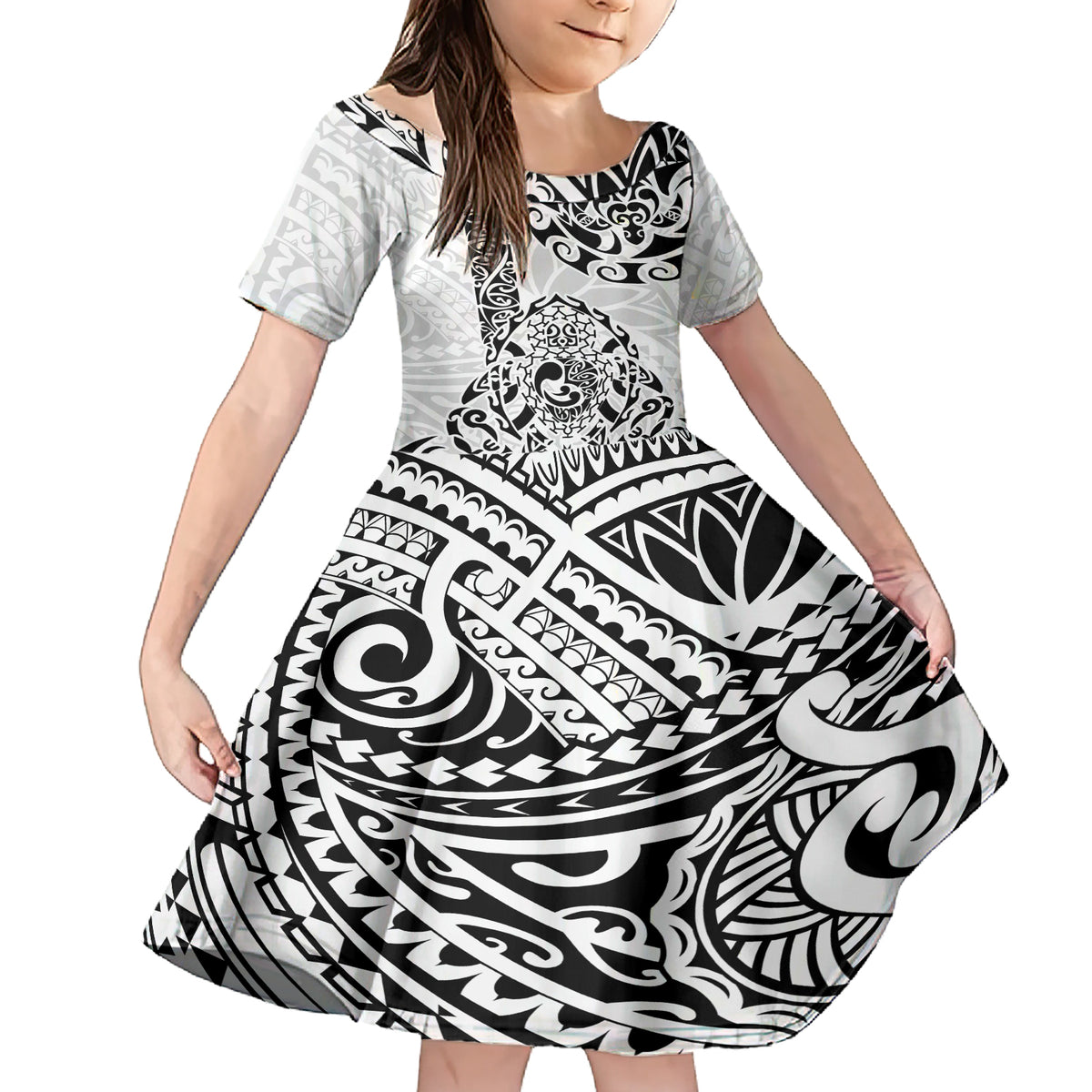Hawaii Family Matching Short Sleeve Bodycon Dress and Hawaiian Shirt with Polynesian Turtle TS04 Daughter's Dress Black White - Polynesian Pride