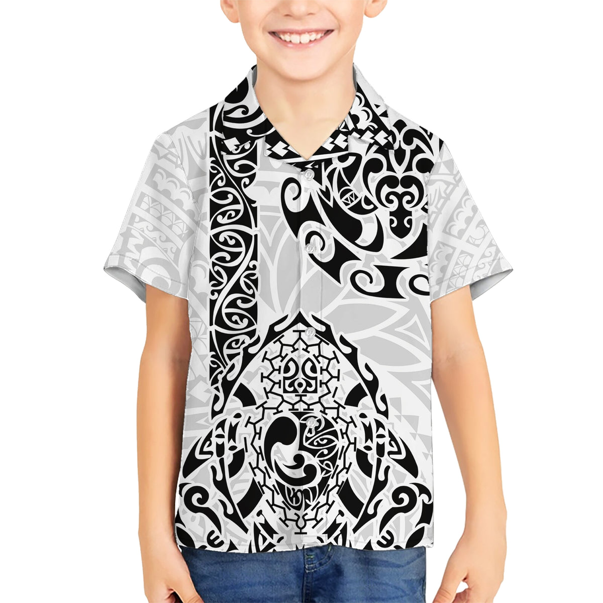 Hawaii Family Matching Short Sleeve Bodycon Dress and Hawaiian Shirt with Polynesian Turtle TS04 Son's Shirt Black White - Polynesian Pride
