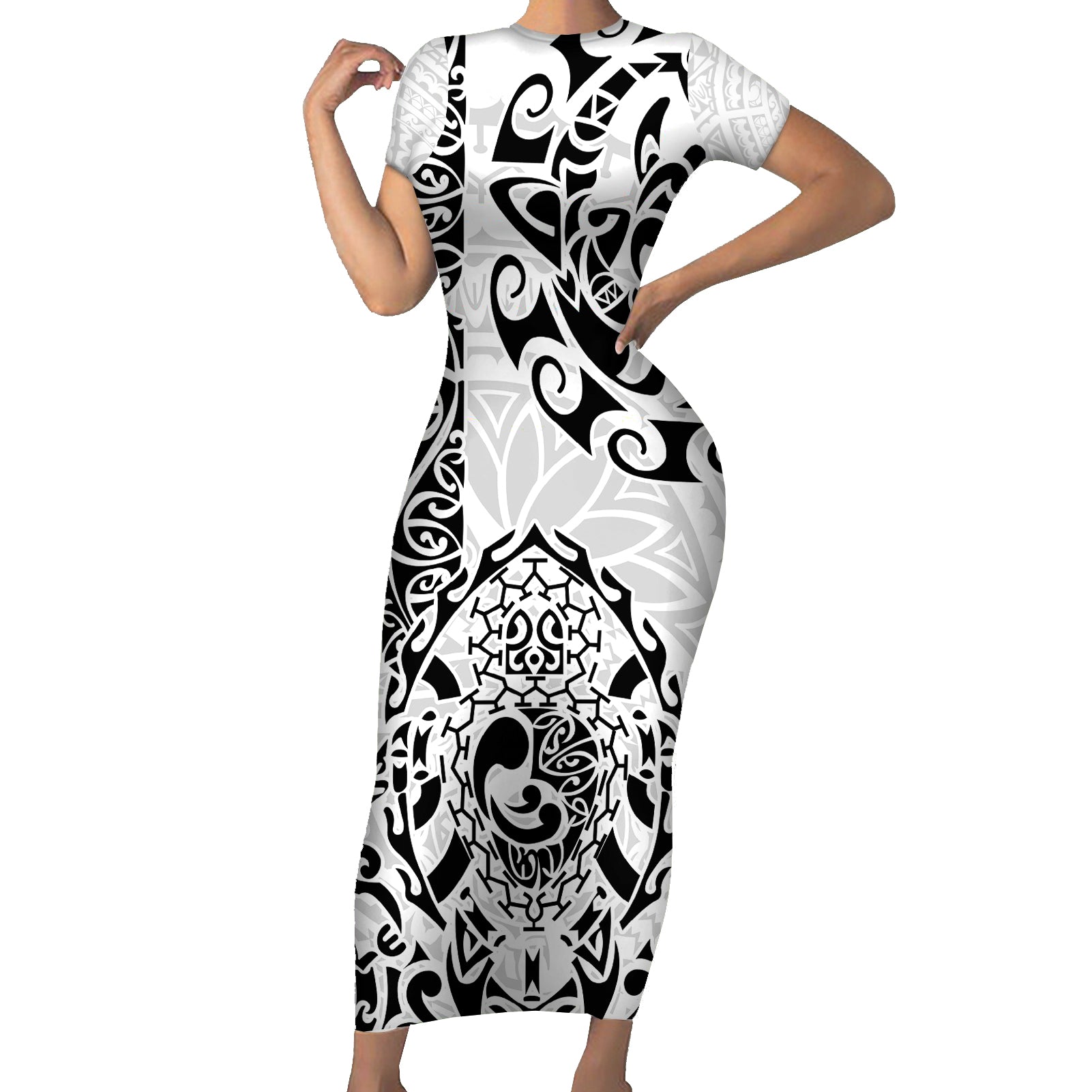 Hawaii Short Sleeve Bodycon Dress with Polynesian Turtle TS04 Long Dress Black/White - Polynesian Pride