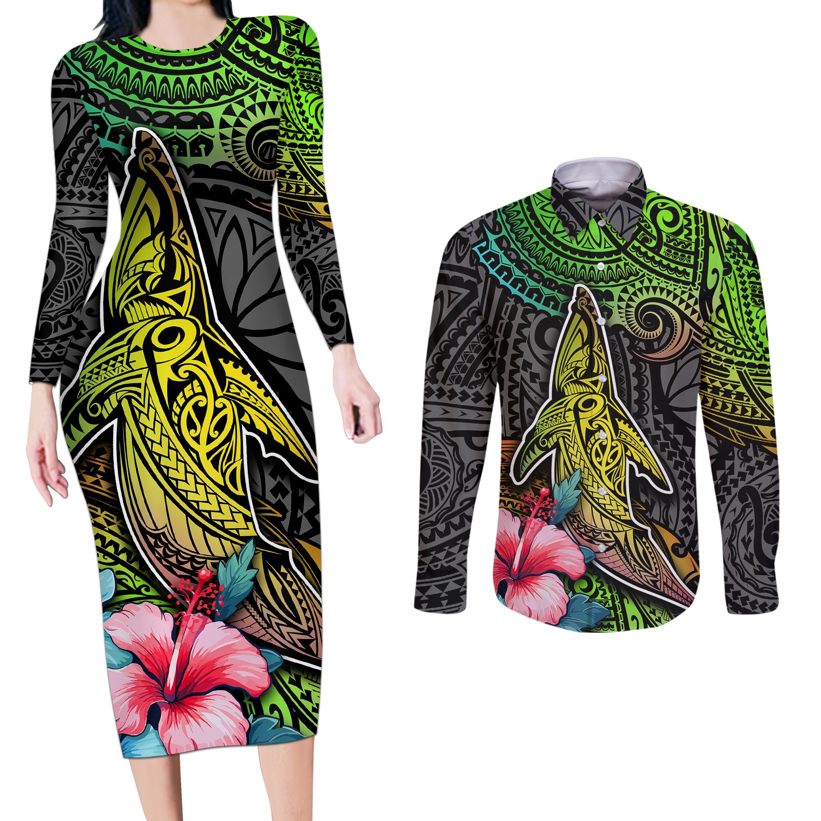 Polynesian Couples Matching Long Sleeve Bodycon Dress and Long Sleeve Button Shirts Whales and Compass Gradient Pattern TS04 Gradient - Polynesian Pride