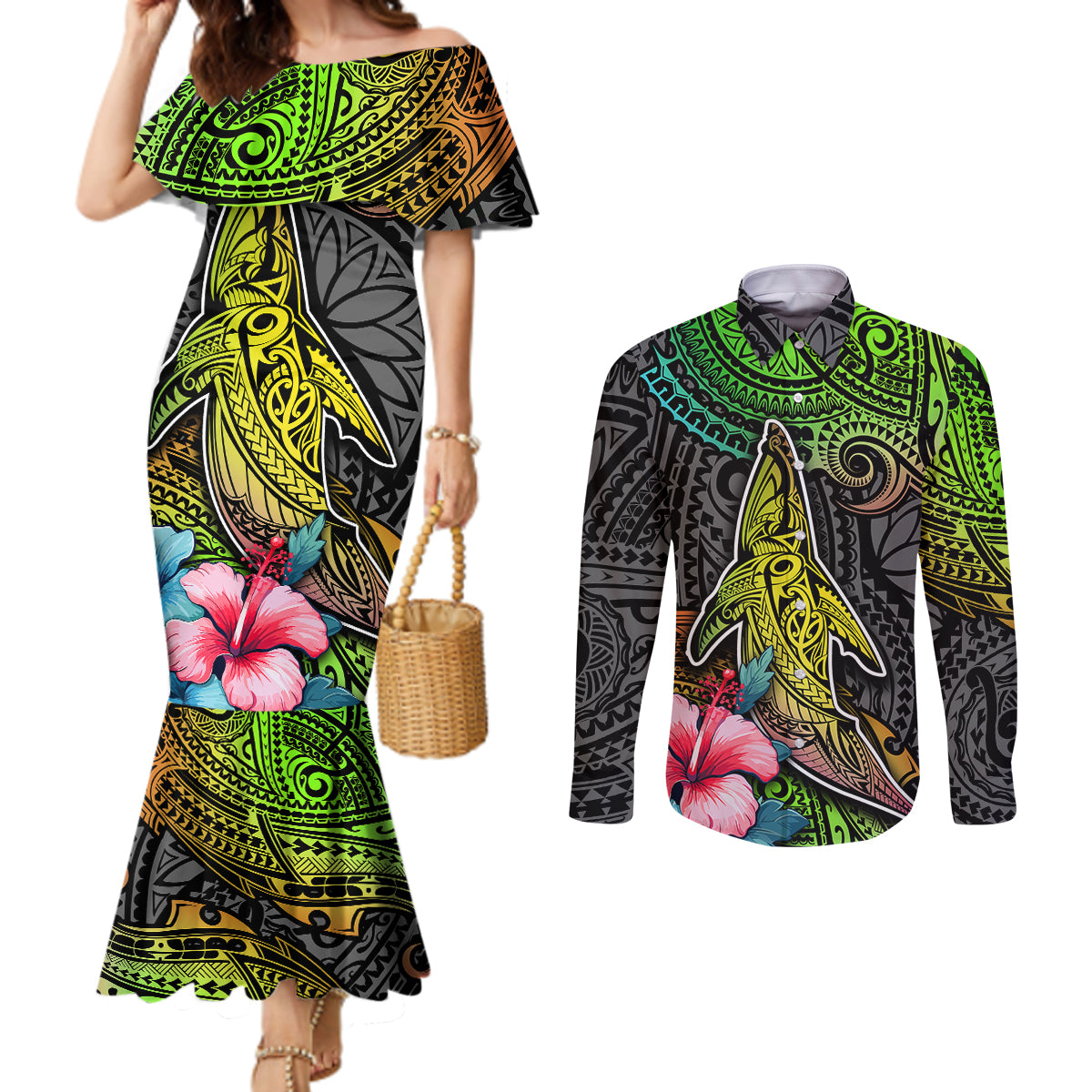 Polynesian Couples Matching Mermaid Dress and Long Sleeve Button Shirts Whales and Compass Gradient Pattern TS04 Gradient - Polynesian Pride
