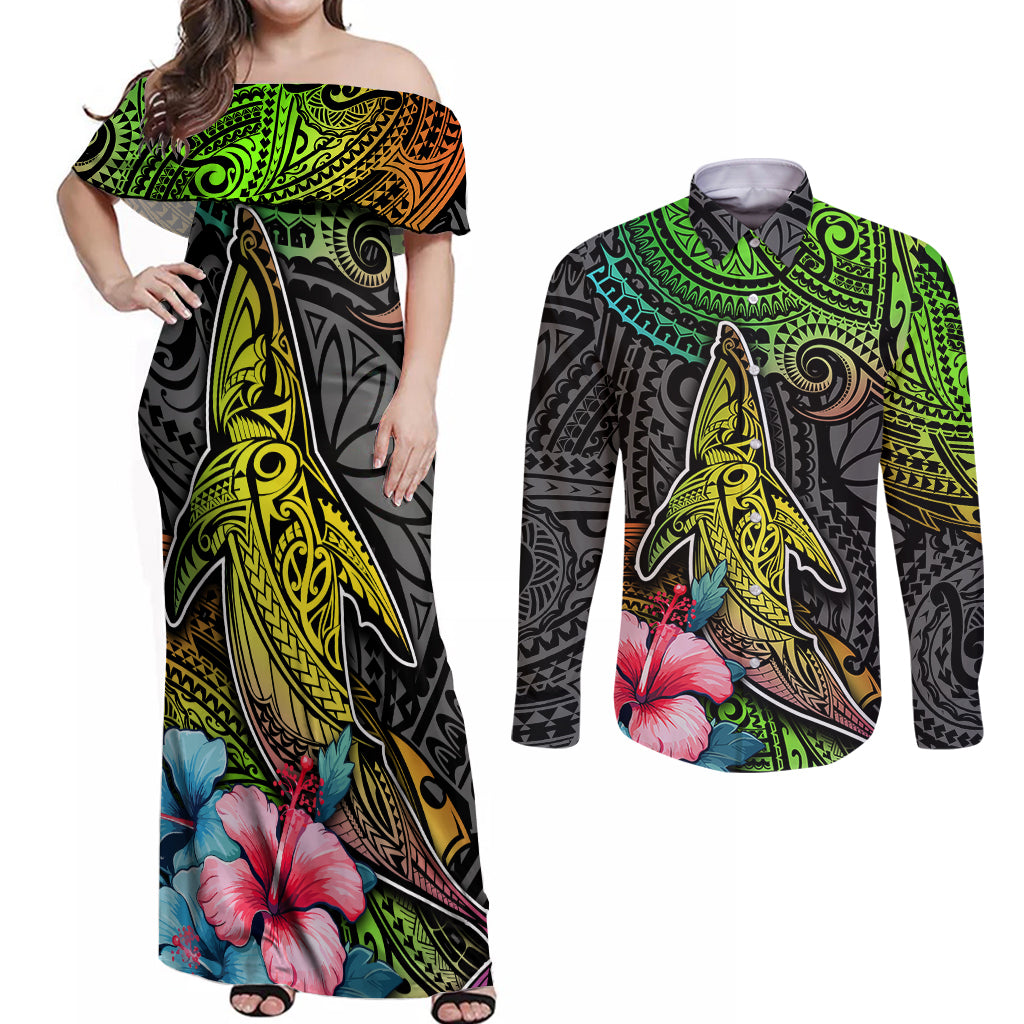 Polynesian Couples Matching Off Shoulder Maxi Dress and Long Sleeve Button Shirts Whales and Compass Gradient Pattern TS04 Gradient - Polynesian Pride