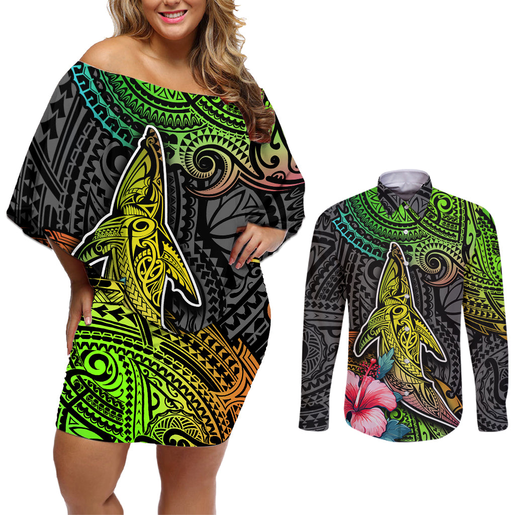 Polynesian Couples Matching Off Shoulder Short Dress and Long Sleeve Button Shirts Whales and Compass Gradient Pattern TS04 Gradient - Polynesian Pride