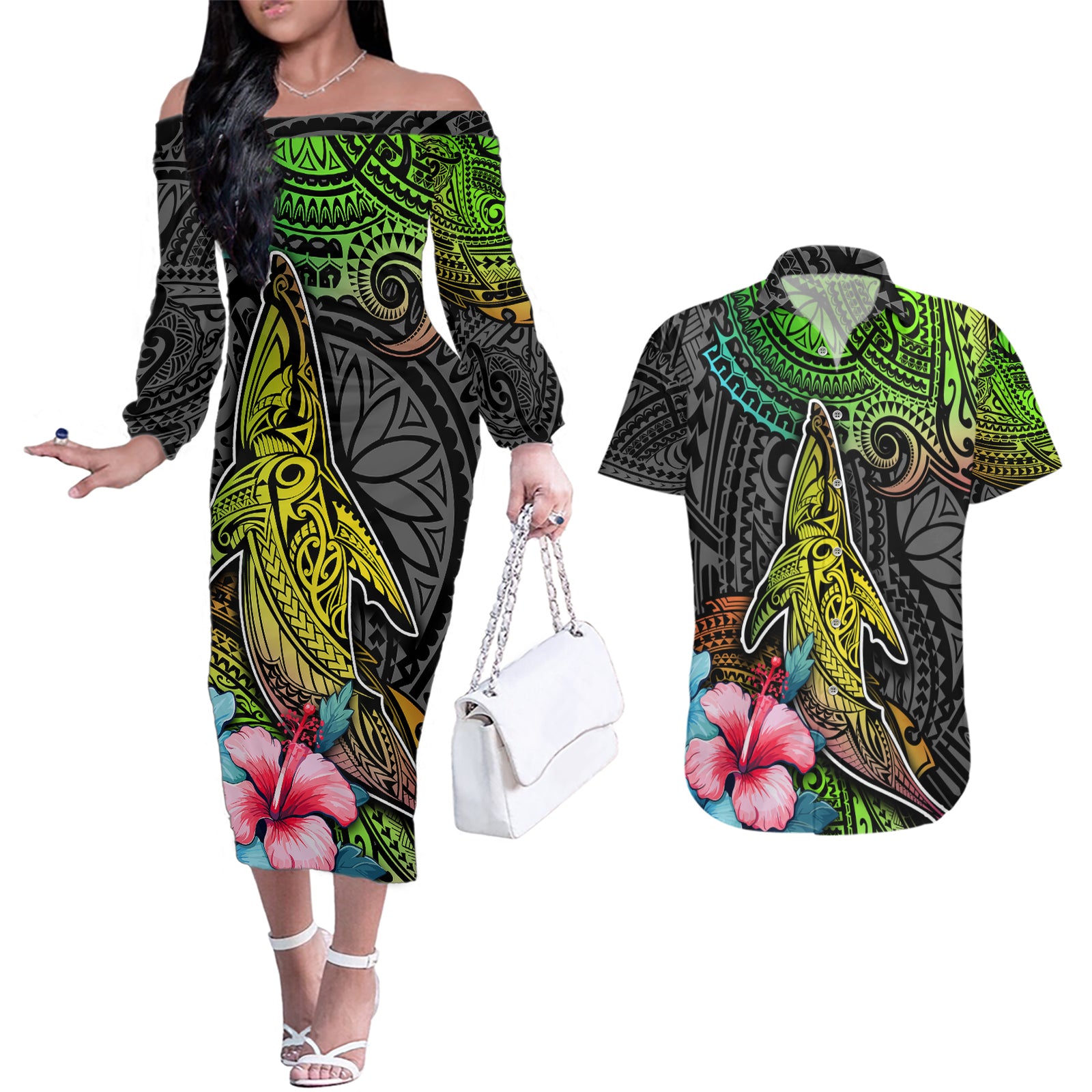 Polynesian Couples Matching Off The Shoulder Long Sleeve Dress and Hawaiian Shirt Whales and Compass Gradient Pattern TS04 Gradient - Polynesian Pride