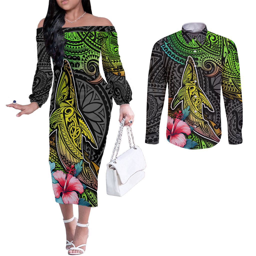Polynesian Couples Matching Off The Shoulder Long Sleeve Dress and Long Sleeve Button Shirts Whales and Compass Gradient Pattern TS04 Gradient - Polynesian Pride