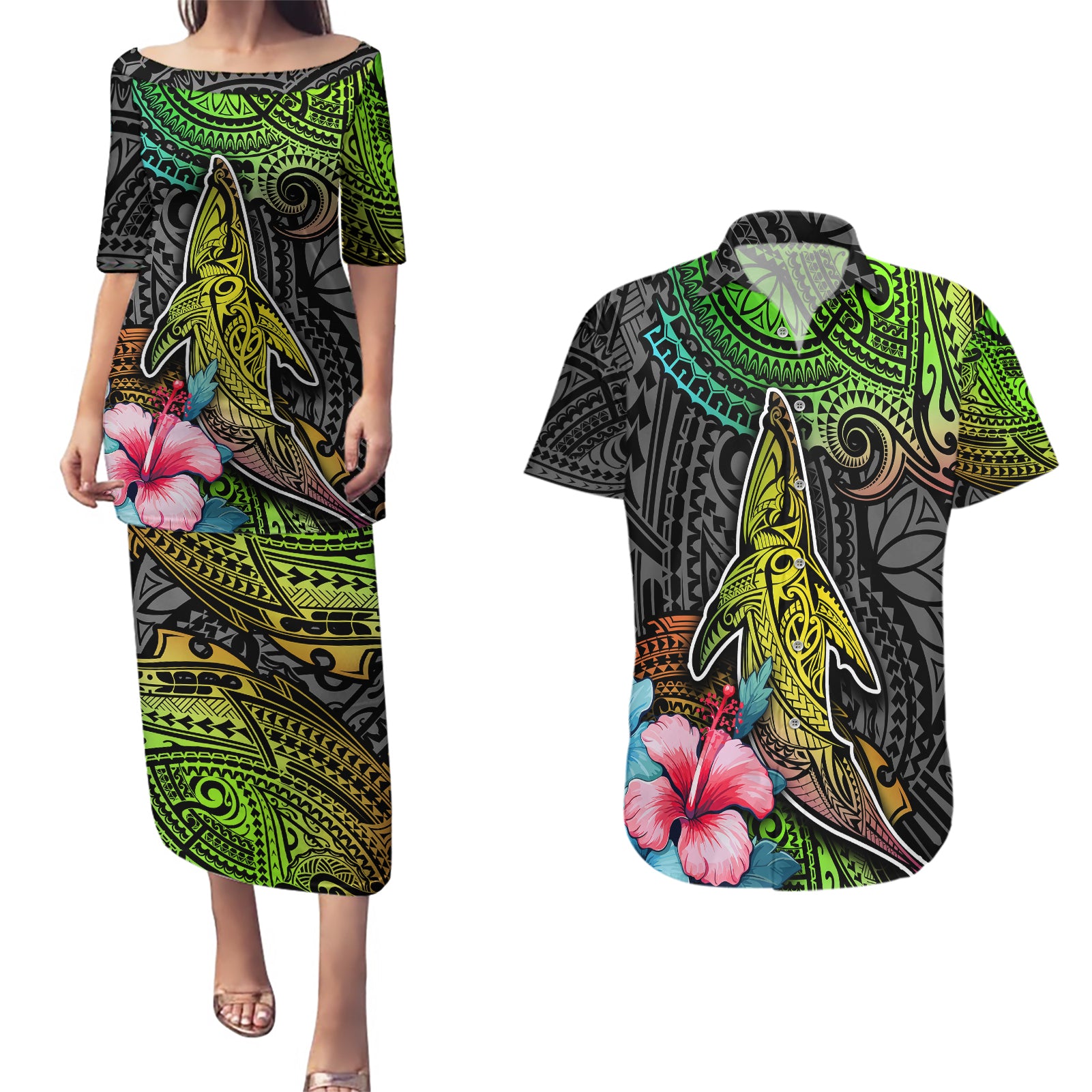 Polynesian Couples Matching Puletasi Dress and Hawaiian Shirt Whales and Compass Gradient Pattern TS04 Gradient - Polynesian Pride