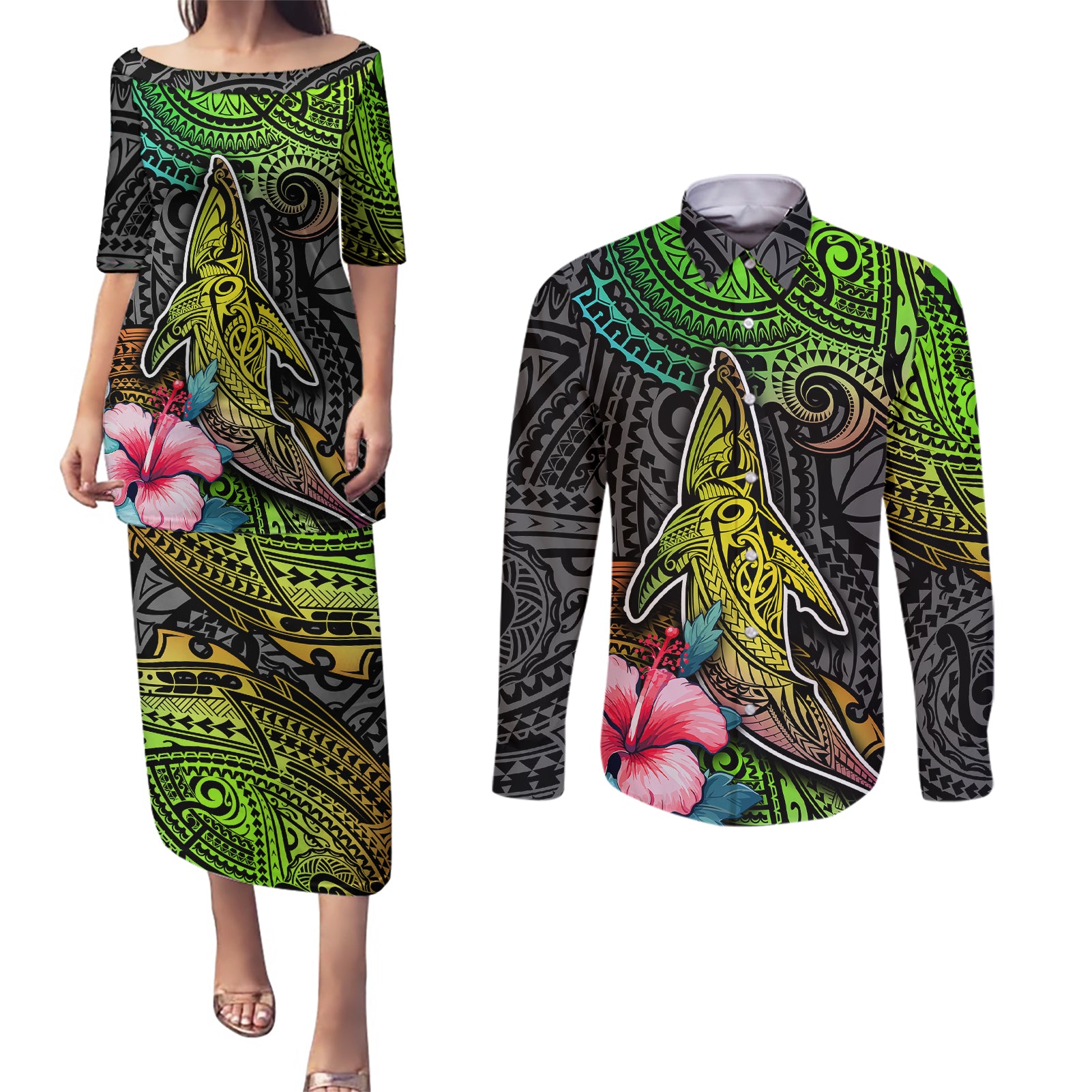 Polynesian Couples Matching Puletasi Dress and Long Sleeve Button Shirts Whales and Compass Gradient Pattern TS04 Gradient - Polynesian Pride