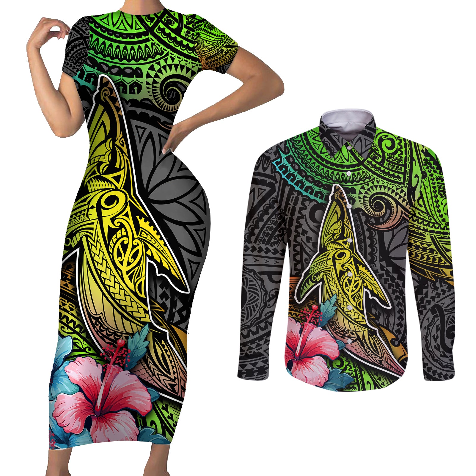 Polynesian Couples Matching Short Sleeve Bodycon Dress and Long Sleeve Button Shirts Whales and Compass Gradient Pattern TS04 Gradient - Polynesian Pride